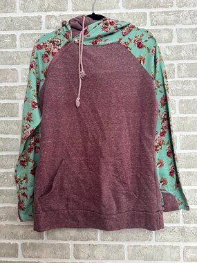 Ampersand Ave Double Hood Hoodie Floral Sleeve Women Medium Pink Green Pullover